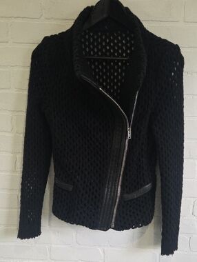 IRO Black Open-Knit Asymmetrical Zip Moto Jacket